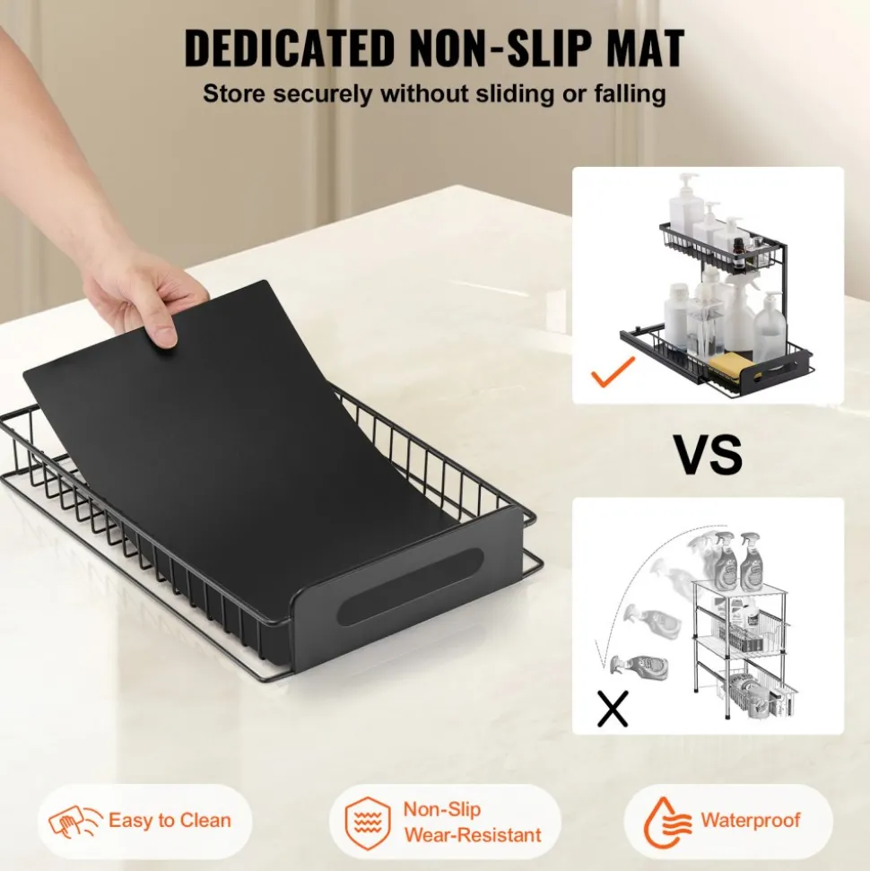 VEVOR 2 Tier Pull Out Cabinet Organizer(10.7"W x 14.2"D ), Under Sink Organizer and Storage, Slide Out Drawer Cabinet Organizer, Wire Basket Shelf, 25.5"Wx15.5"Dx13"H Install Size for Cabinet (2 Pack)