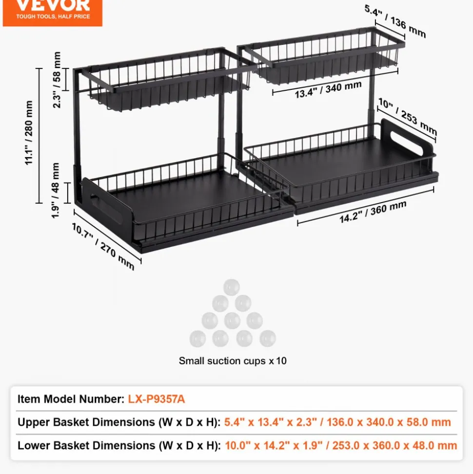 VEVOR 2 Tier Pull Out Cabinet Organizer(10.7"W x 14.2"D ), Under Sink Organizer and Storage, Slide Out Drawer Cabinet Organizer, Wire Basket Shelf, 25.5"Wx15.5"Dx13"H Install Size for Cabinet (2 Pack)