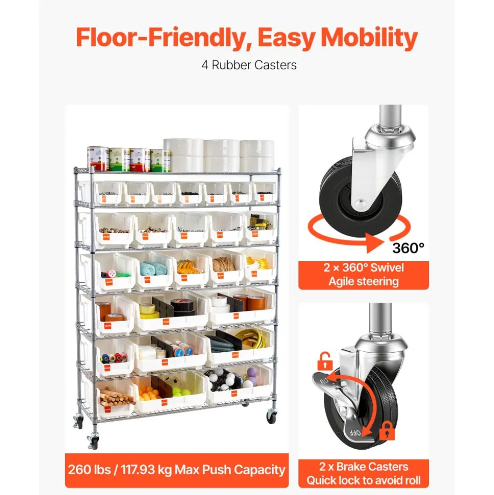 VEVOR 7-Tier Rolling Bin Storage Rack, 26 Organizer Bins, Bin Rack Storage Steel Wire Shelving System with Wheels, Mobile Tool Organizer for Garage, Warehouse, Office, Restaurant, Classroom, Kitchen