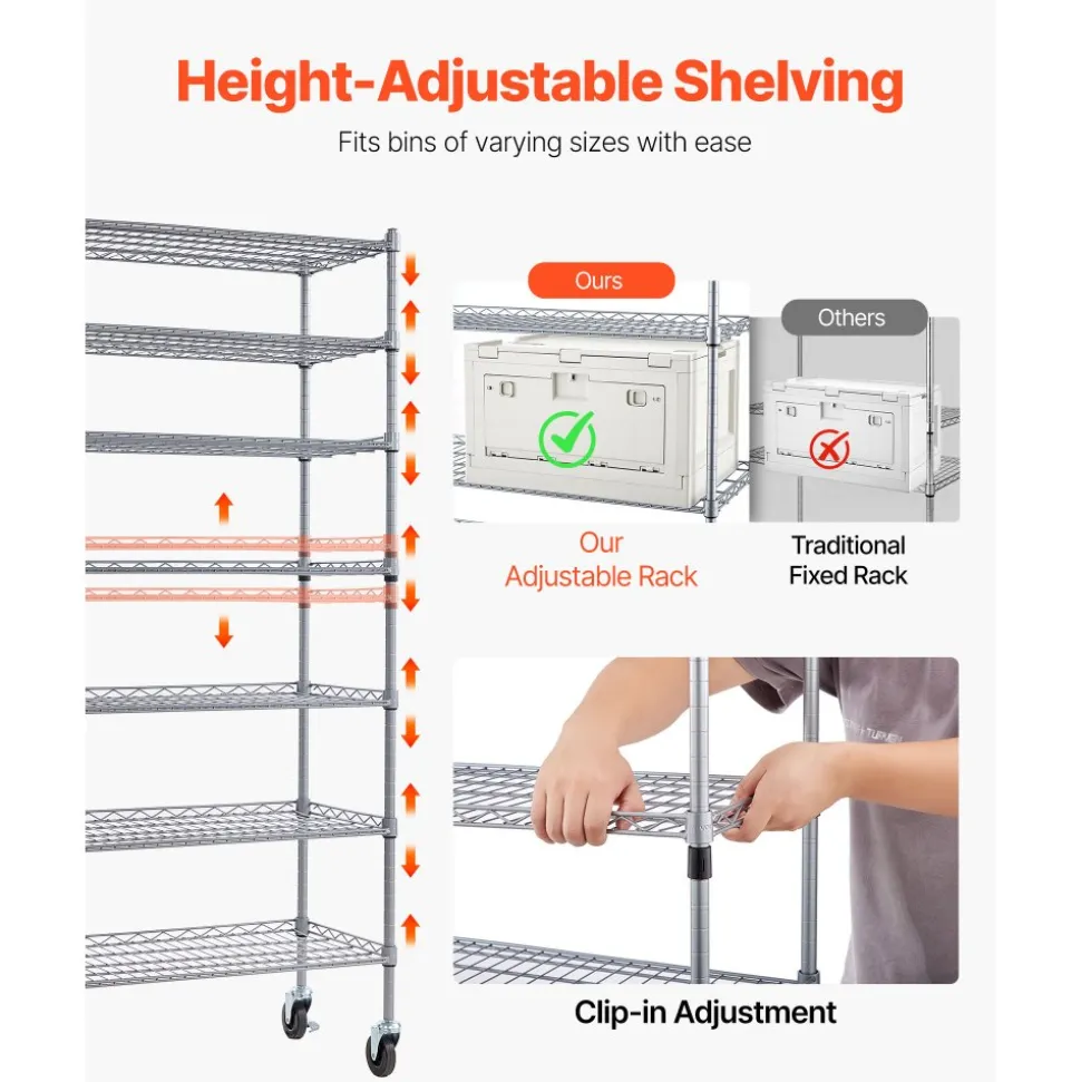 VEVOR 7-Tier Rolling Bin Storage Rack, 26 Organizer Bins, Bin Rack Storage Steel Wire Shelving System with Wheels, Mobile Tool Organizer for Garage, Warehouse, Office, Restaurant, Classroom, Kitchen