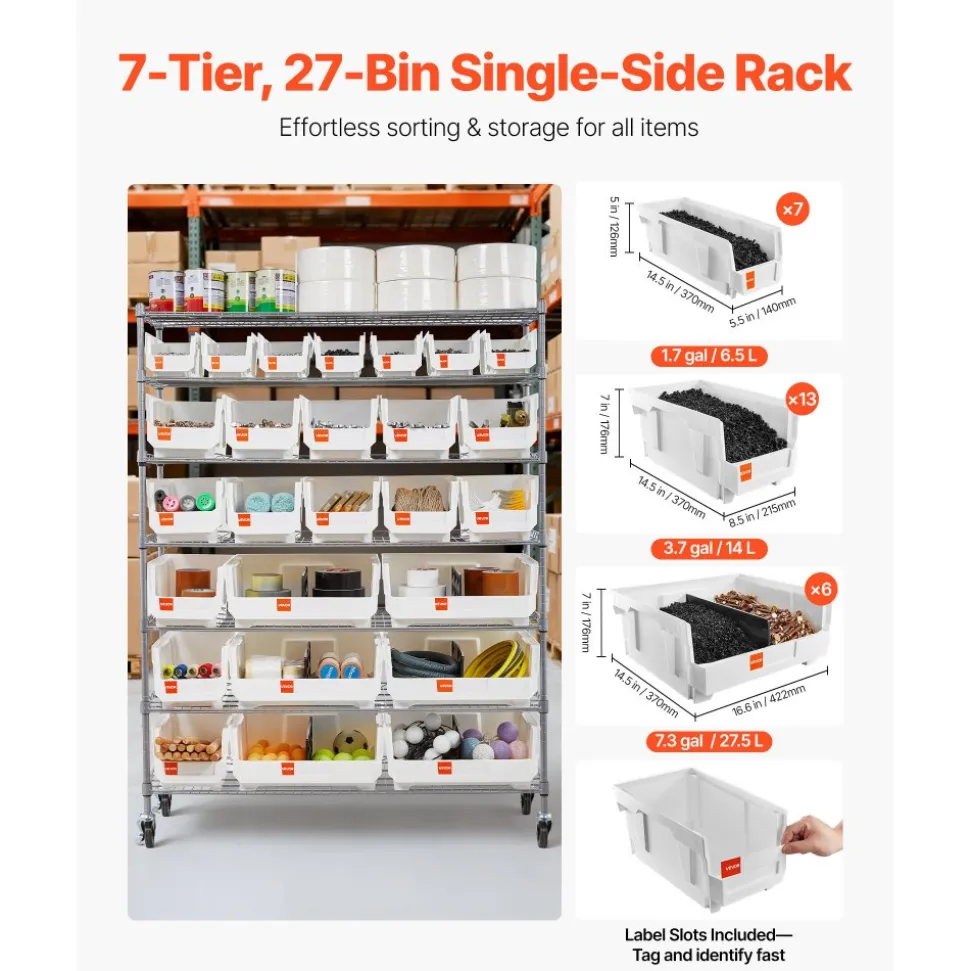 VEVOR 7-Tier Rolling Bin Storage Rack, 26 Organizer Bins, Bin Rack Storage Steel Wire Shelving System with Wheels, Mobile Tool Organizer for Garage, Warehouse, Office, Restaurant, Classroom, Kitchen