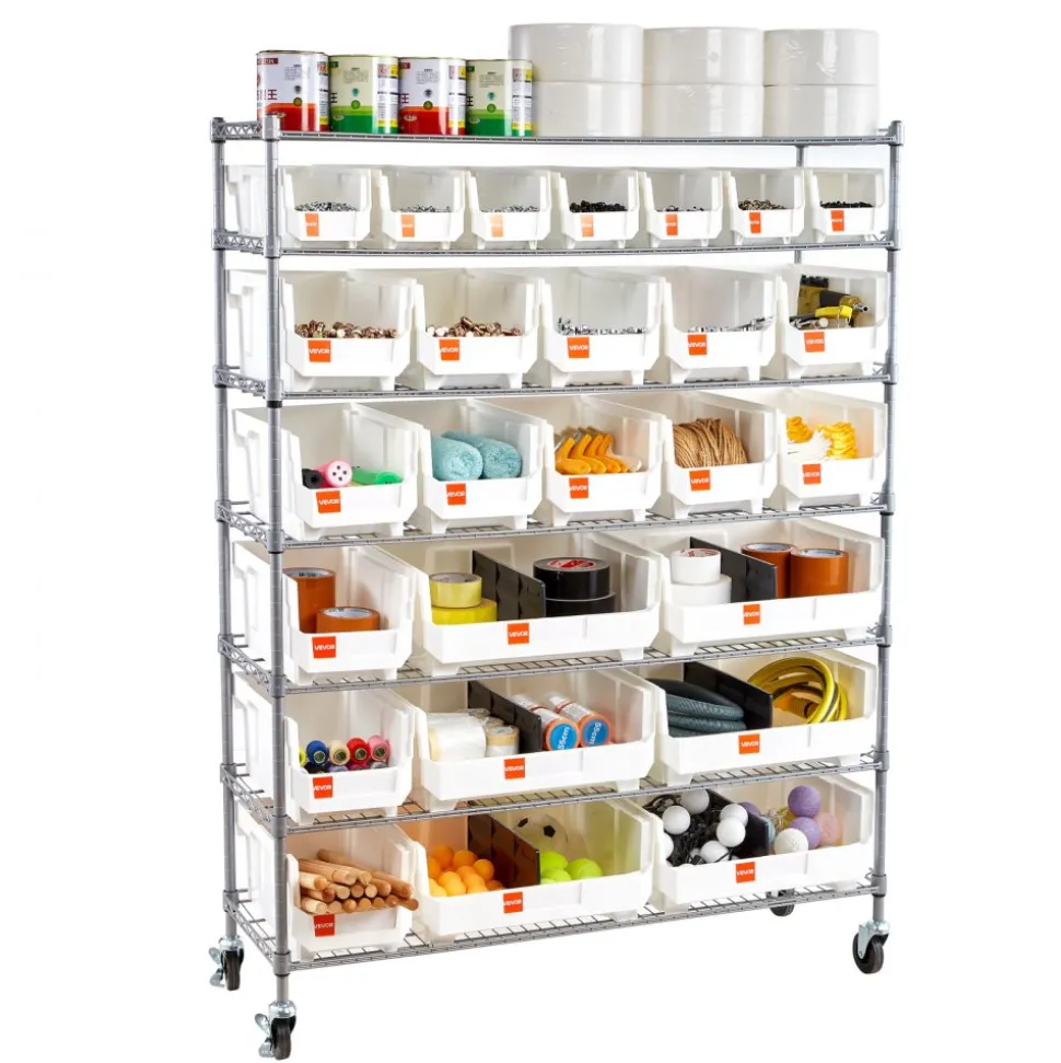 VEVOR 7-Tier Rolling Bin Storage Rack, 26 Organizer Bins, Bin Rack Storage Steel Wire Shelving System with Wheels, Mobile Tool Organizer for Garage, Warehouse, Office, Restaurant, Classroom, Kitchen