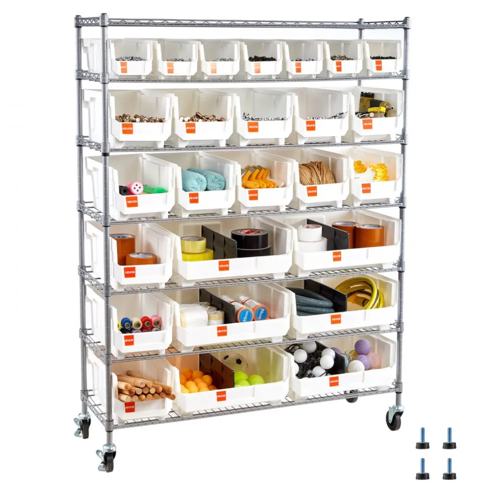 VEVOR 7-Tier Rolling Bin Storage Rack, 26 Organizer Bins, Bin Rack Storage Steel Wire Shelving System with Wheels, Mobile Tool Organizer for Garage, Warehouse, Office, Restaurant, Classroom, Kitchen