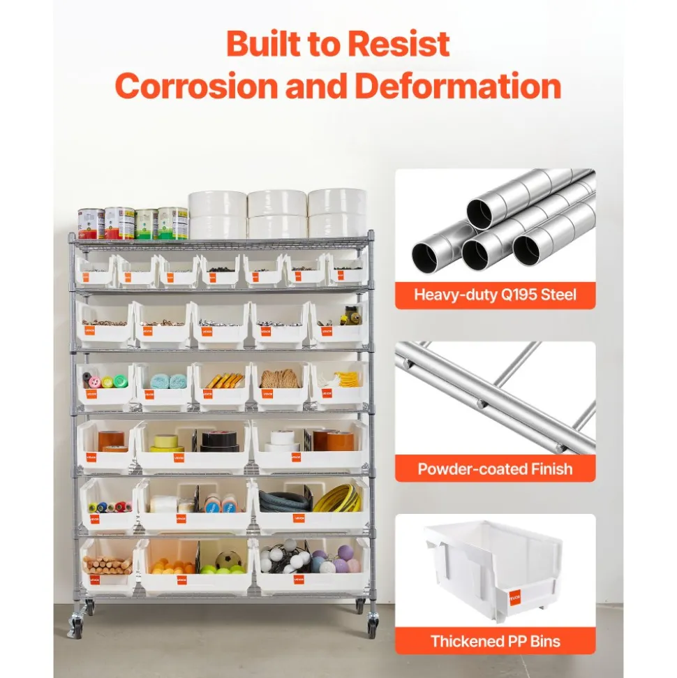 VEVOR 7-Tier Rolling Bin Storage Rack, 26 Organizer Bins, Bin Rack Storage Steel Wire Shelving System with Wheels, Mobile Tool Organizer for Garage, Warehouse, Office, Restaurant, Classroom, Kitchen