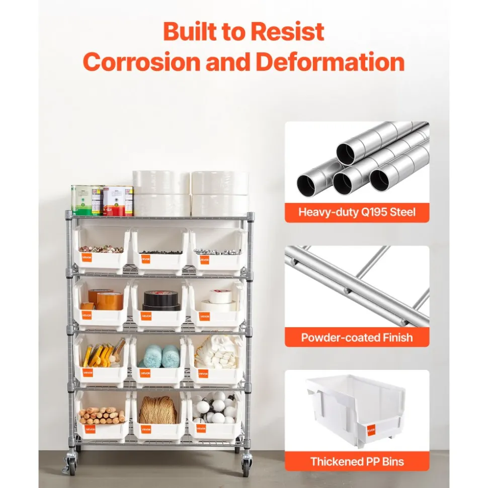 VEVOR 7-Tier Rolling Bin Storage Rack, 18 Organizer Bins, Bin Rack Storage Steel Wire Shelving System with Wheels, Mobile Tool Organizer for Garage, Warehouse, Office, Restaurant, Classroom, Kitchen
