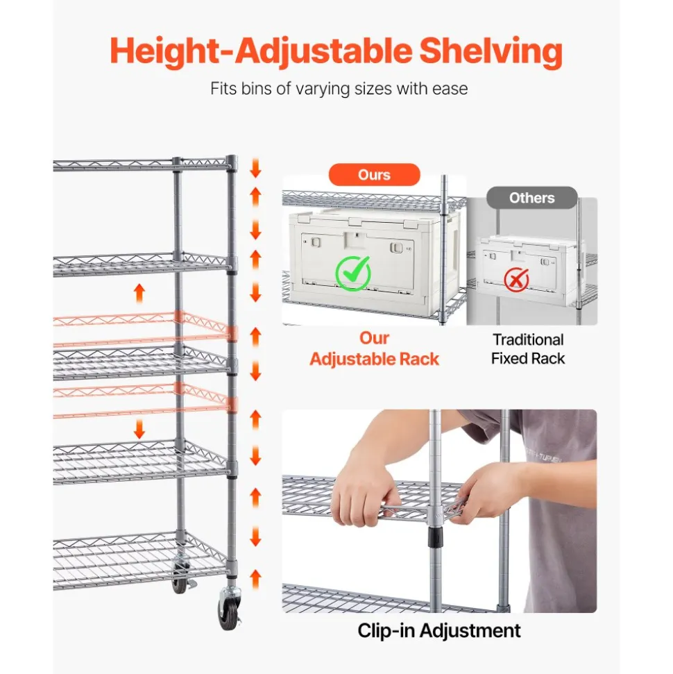 VEVOR 7-Tier Rolling Bin Storage Rack, 18 Organizer Bins, Bin Rack Storage Steel Wire Shelving System with Wheels, Mobile Tool Organizer for Garage, Warehouse, Office, Restaurant, Classroom, Kitchen