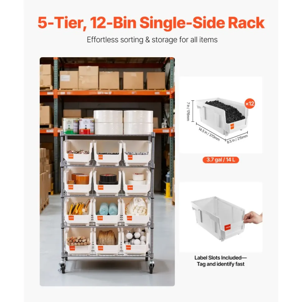 VEVOR 7-Tier Rolling Bin Storage Rack, 18 Organizer Bins, Bin Rack Storage Steel Wire Shelving System with Wheels, Mobile Tool Organizer for Garage, Warehouse, Office, Restaurant, Classroom, Kitchen
