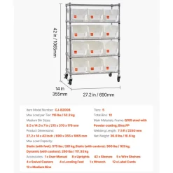 VEVOR 7-Tier Rolling Bin Storage Rack, 18 Organizer Bins, Bin Rack Storage Steel Wire Shelving System with Wheels, Mobile Tool Organizer for Garage, Warehouse, Office, Restaurant, Classroom, Kitchen