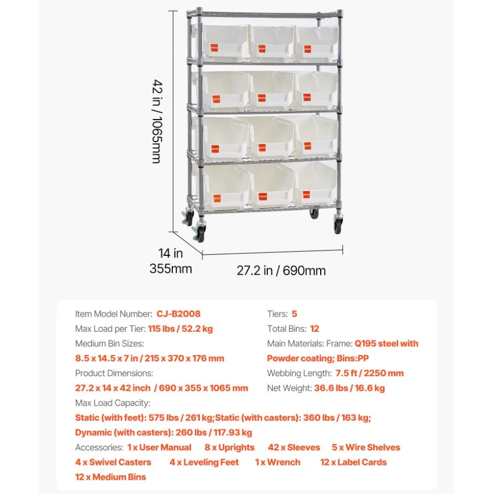 VEVOR 7-Tier Rolling Bin Storage Rack, 18 Organizer Bins, Bin Rack Storage Steel Wire Shelving System with Wheels, Mobile Tool Organizer for Garage, Warehouse, Office, Restaurant, Classroom, Kitchen