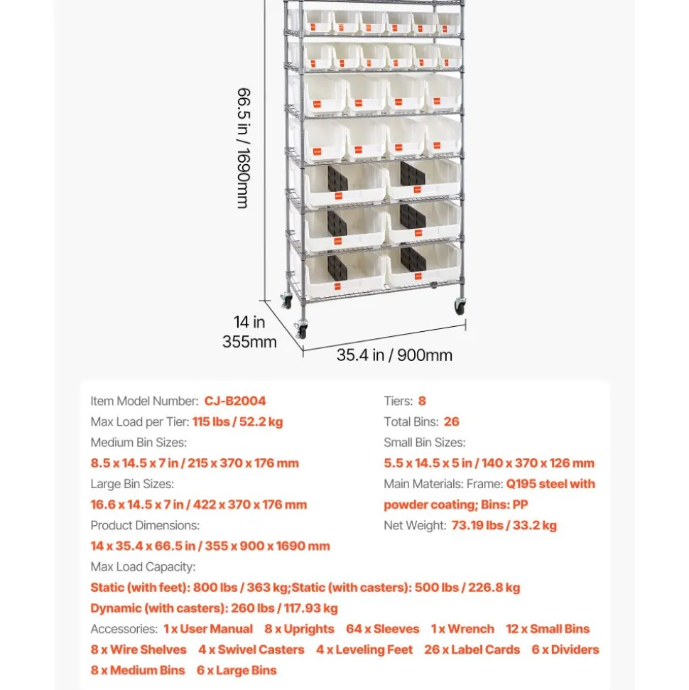 VEVOR 8-Tier Rolling Bin Storage Rack, 26 Organizer Bins, Bin Rack Storage Steel Wire Shelving System with Wheels, Mobile Tool Organizer for Garage, Warehouse, Office, Restaurant, Classroom, Kitchen
