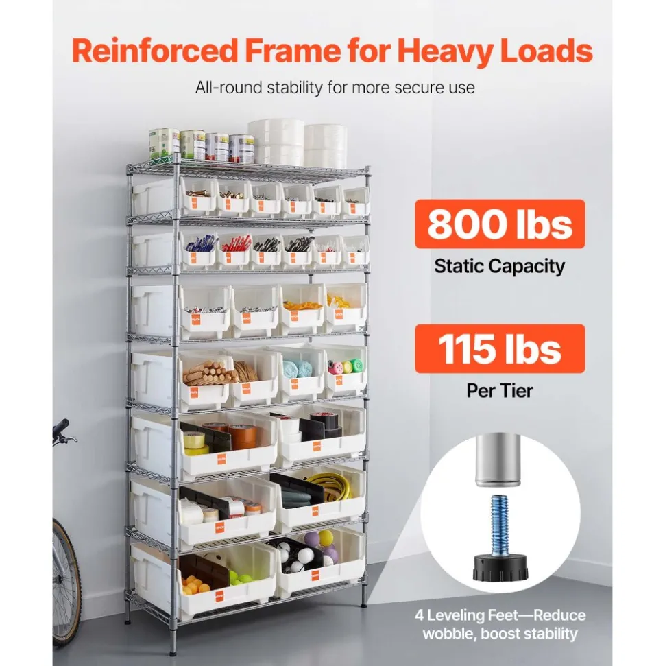 VEVOR 8-Tier Rolling Bin Storage Rack, 26 Organizer Bins, Bin Rack Storage Steel Wire Shelving System with Wheels, Mobile Tool Organizer for Garage, Warehouse, Office, Restaurant, Classroom, Kitchen