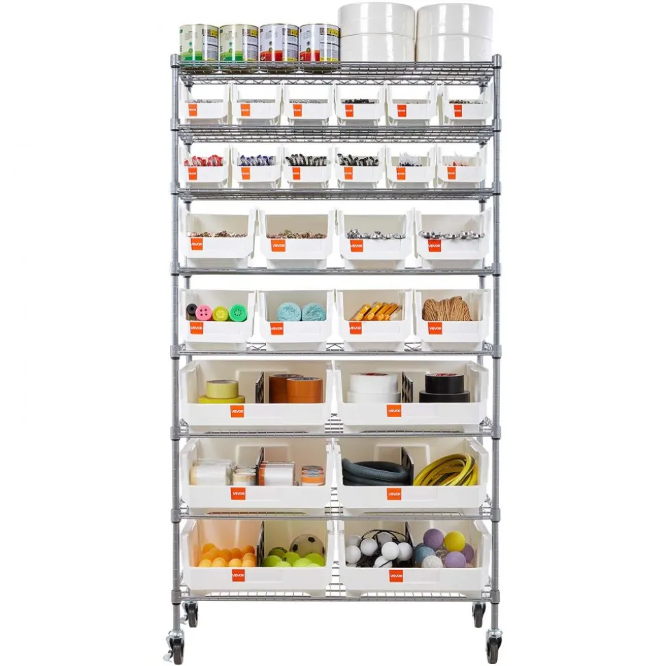 VEVOR 8-Tier Rolling Bin Storage Rack, 26 Organizer Bins, Bin Rack Storage Steel Wire Shelving System with Wheels, Mobile Tool Organizer for Garage, Warehouse, Office, Restaurant, Classroom, Kitchen