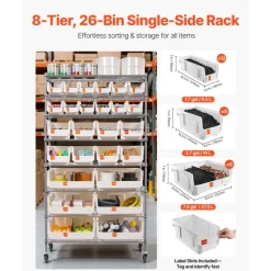 VEVOR 8-Tier Rolling Bin Storage Rack, 26 Organizer Bins, Bin Rack Storage Steel Wire Shelving System with Wheels, Mobile Tool Organizer for Garage, Warehouse, Office, Restaurant, Classroom, Kitchen
