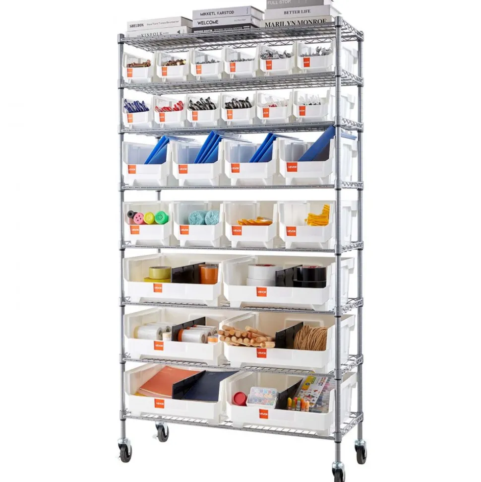 VEVOR 8-Tier Rolling Bin Storage Rack, 26 Organizer Bins, Bin Rack Storage Steel Wire Shelving System with Wheels, Mobile Tool Organizer for Garage, Warehouse, Office, Restaurant, Classroom, Kitchen