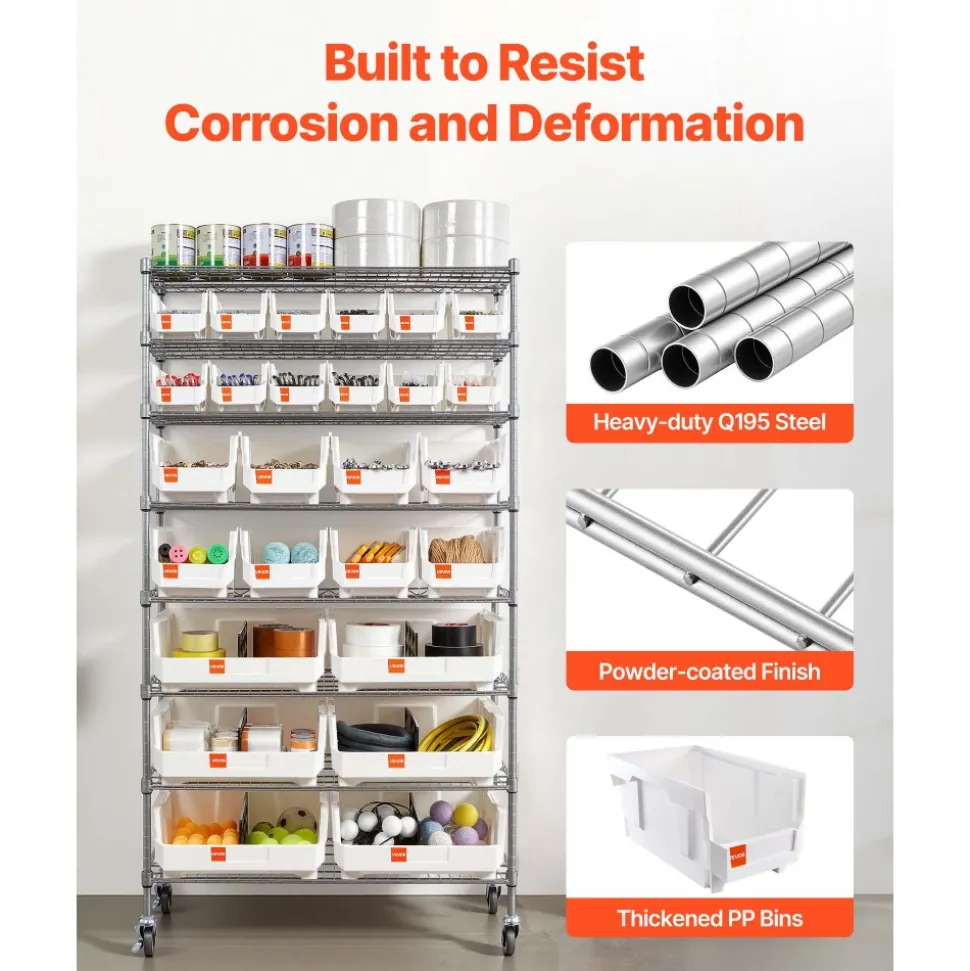 VEVOR 8-Tier Rolling Bin Storage Rack, 26 Organizer Bins, Bin Rack Storage Steel Wire Shelving System with Wheels, Mobile Tool Organizer for Garage, Warehouse, Office, Restaurant, Classroom, Kitchen