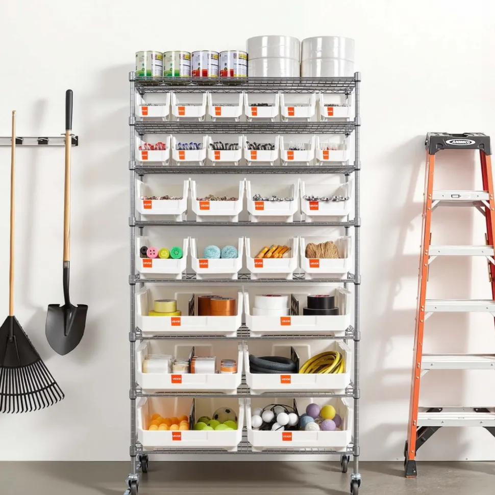 VEVOR 8-Tier Rolling Bin Storage Rack, 26 Organizer Bins, Bin Rack Storage Steel Wire Shelving System with Wheels, Mobile Tool Organizer for Garage, Warehouse, Office, Restaurant, Classroom, Kitchen