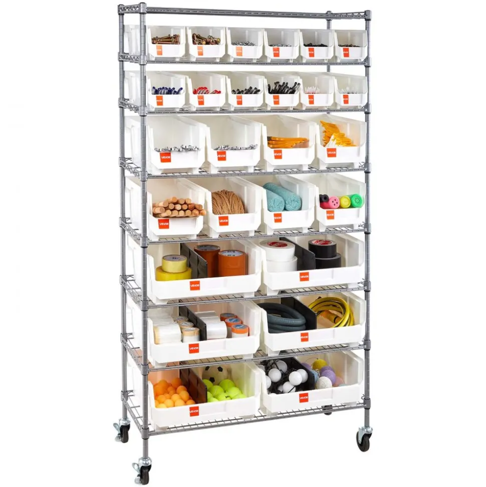 VEVOR 8-Tier Rolling Bin Storage Rack, 26 Organizer Bins, Bin Rack Storage Steel Wire Shelving System with Wheels, Mobile Tool Organizer for Garage, Warehouse, Office, Restaurant, Classroom, Kitchen