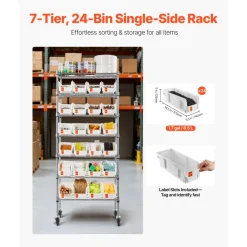 VEVOR 7-Tier Rolling Bin Storage Rack, 24 Small Bins, Bin Rack Storage Steel Wire Shelving System with Wheels, Mobile Tool Organizer for Garage, Warehouse, Office, Restaurant, Classroom, Kitchen