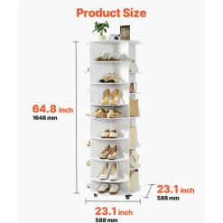 VEVOR 7 Tier Rotating Shoe Rack Tower with Adjustable Shelves, Movable 360° Spinning Carousel Display with Wheels, Lazy Susan Organizer Closet for Bedroom, Living Room, Entryway, Closet, White