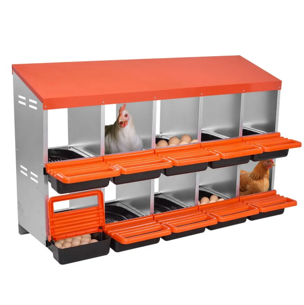 VEVOR 2 Tiers Chicken Nesting Boxes, 10 Compartments, Metal Egg Laying Boxes with Protective Collection Lids, Roll Out Nesting Box, Easy to Assemble, Ideal for Hens, Ducks, Chickens, and Other Poultry