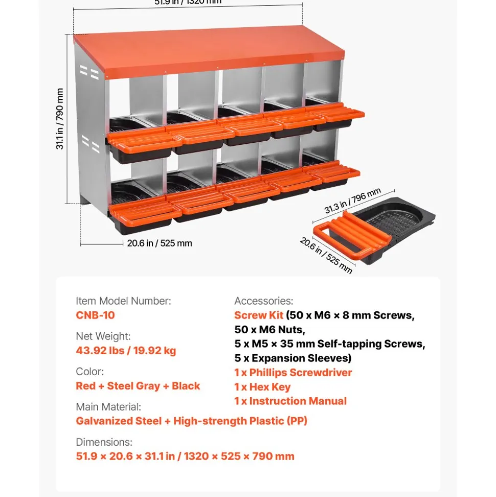 VEVOR 2 Tiers Chicken Nesting Boxes, 10 Compartments, Metal Egg Laying Boxes with Protective Collection Lids, Roll Out Nesting Box, Easy to Assemble, Ideal for Hens, Ducks, Chickens, and Other Poultry