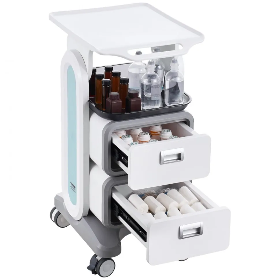 VEVOR 3 Tiers Lab Carts, Lab Utility Cart with 2 Drawers & 1 Top Tray, Mobile Medical Cart with ABS Material, Lab Rolling Cart with 4 Silent Wheels for Lab, Clinic, Hospital, Salon, White