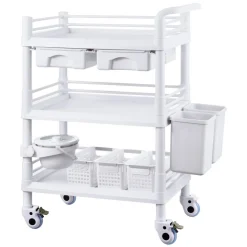 VEVOR 3 Tiers Lab Carts, Lab Utility Cart with 3 Trays & 4 Silent Wheels, Mobile Medical Cart with PP Material, Lab Rolling Cart with 3 Trash Cans for Lab, Clinic, Hospital, Salon, White