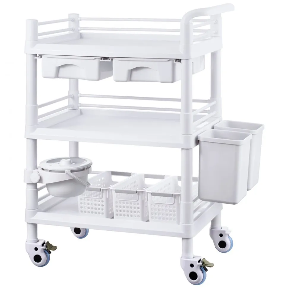 VEVOR 3 Tiers Lab Carts, Lab Utility Cart with 3 Trays & 4 Silent Wheels, Mobile Medical Cart with PP Material, Lab Rolling Cart with 3 Trash Cans for Lab, Clinic, Hospital, Salon, White