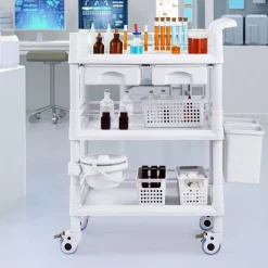VEVOR 3 Tiers Lab Carts, Lab Utility Cart with 3 Trays & 4 Silent Wheels, Mobile Medical Cart with PP Material, Lab Rolling Cart with 3 Trash Cans for Lab, Clinic, Hospital, Salon, White
