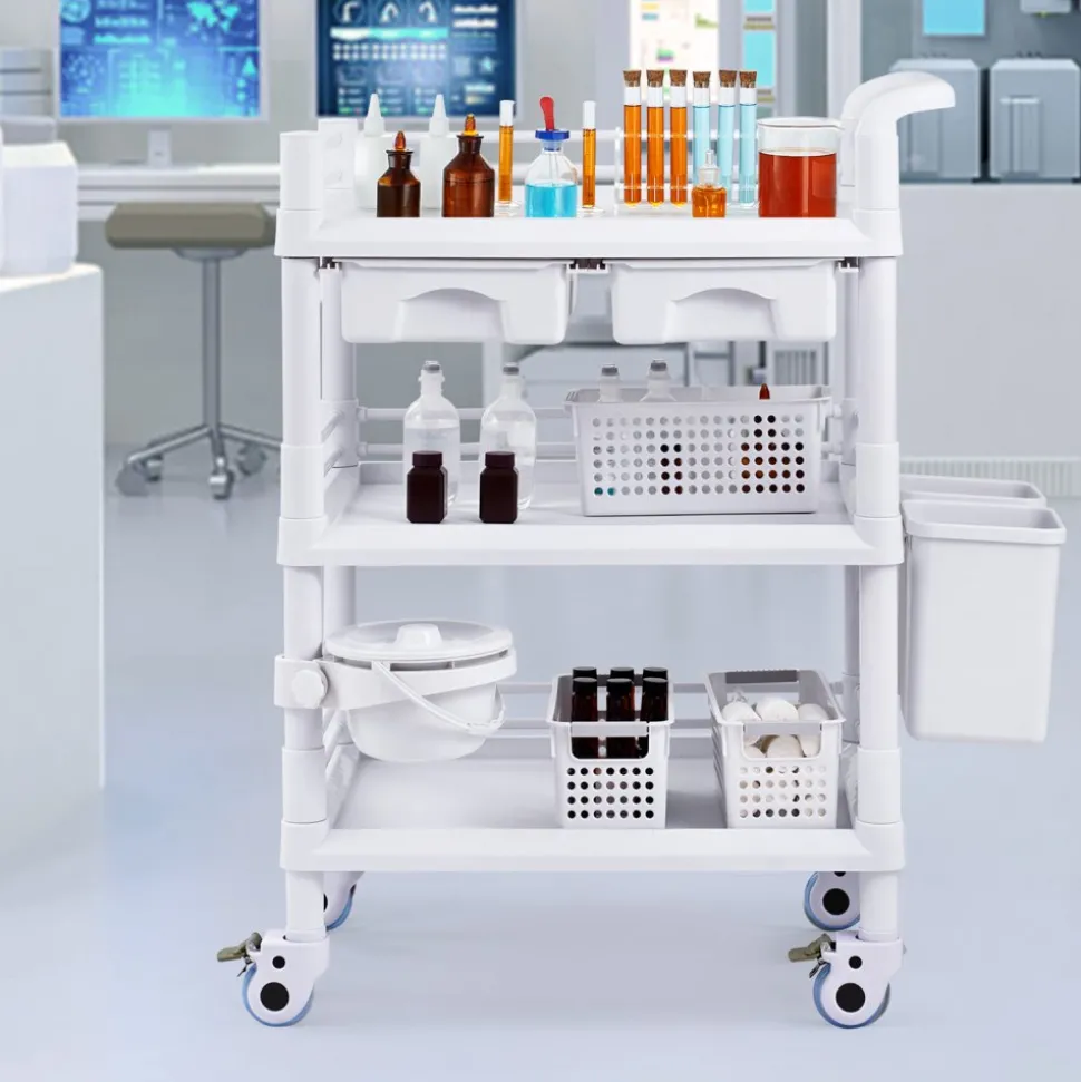 VEVOR 3 Tiers Lab Carts, Lab Utility Cart with 3 Trays & 4 Silent Wheels, Mobile Medical Cart with PP Material, Lab Rolling Cart with 3 Trash Cans for Lab, Clinic, Hospital, Salon, White