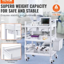 VEVOR 3 Tiers Lab Carts, Lab Utility Cart with 3 Trays & 4 Silent Wheels, Mobile Medical Cart with PP Material, Lab Rolling Cart with 3 Trash Cans for Lab, Clinic, Hospital, Salon, White