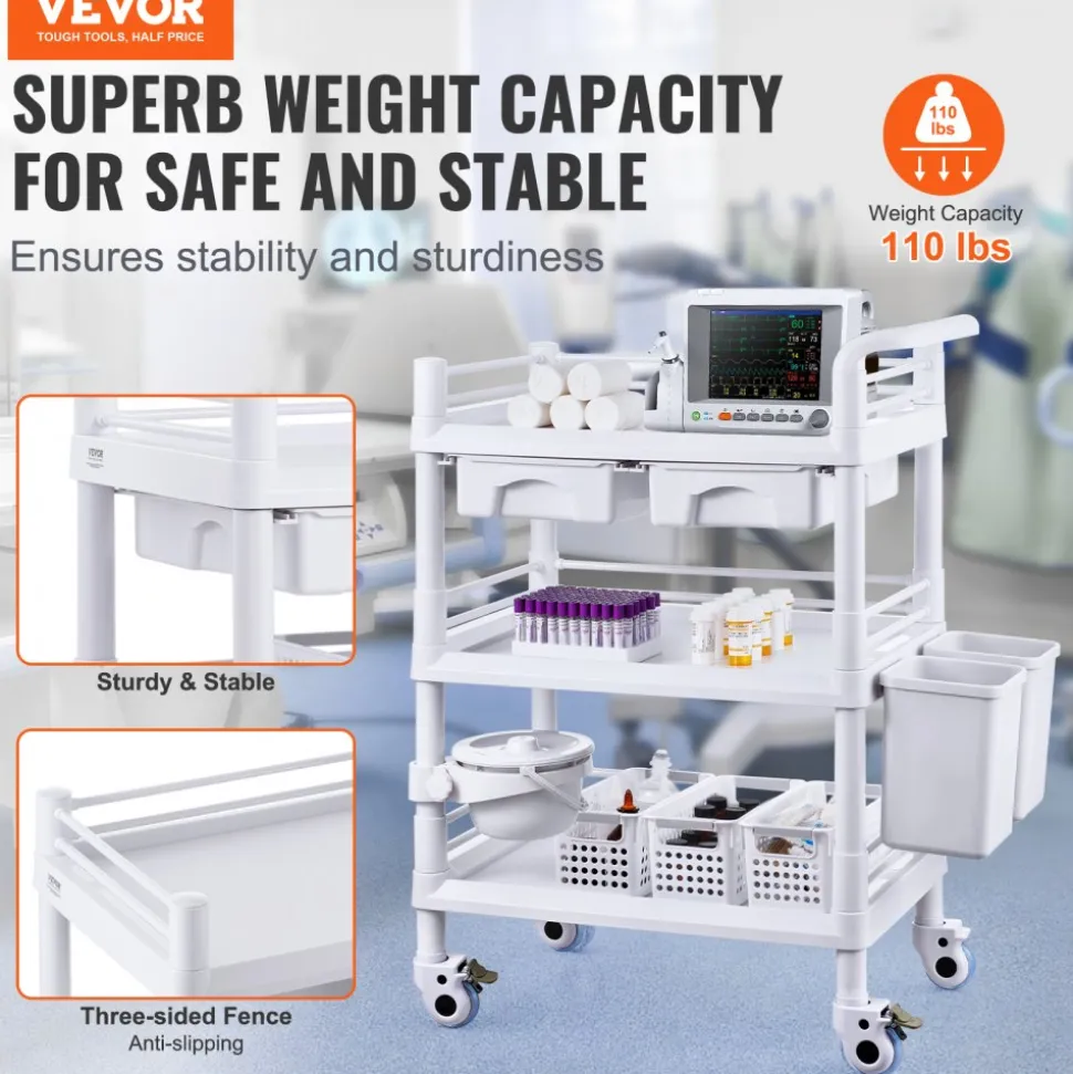 VEVOR 3 Tiers Lab Carts, Lab Utility Cart with 3 Trays & 4 Silent Wheels, Mobile Medical Cart with PP Material, Lab Rolling Cart with 3 Trash Cans for Lab, Clinic, Hospital, Salon, White