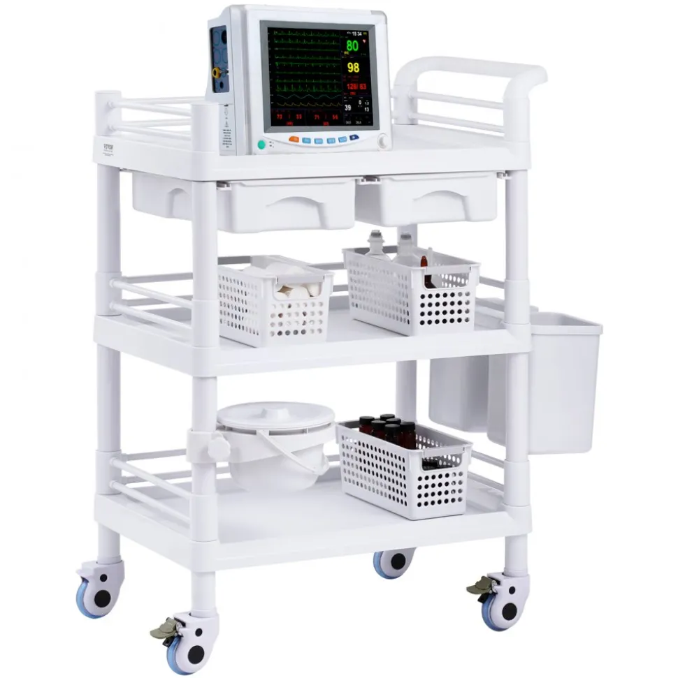 VEVOR 3 Tiers Lab Carts, Lab Utility Cart with 3 Trays & 4 Silent Wheels, Mobile Medical Cart with PP Material, Lab Rolling Cart with 3 Trash Cans for Lab, Clinic, Hospital, Salon, White