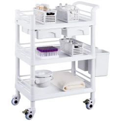 VEVOR 3 Tiers Lab Carts, Lab Utility Cart with 3 Trays & 4 Silent Wheels, Mobile Medical Cart with PP Material, Lab Rolling Cart with 3 Trash Cans for Lab, Clinic, Hospital, Salon, White