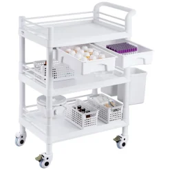 VEVOR 3 Tiers Lab Carts, Lab Utility Cart with 3 Trays & 4 Silent Wheels, Mobile Medical Cart with PP Material, Lab Rolling Cart with 3 Trash Cans for Lab, Clinic, Hospital, Salon, White