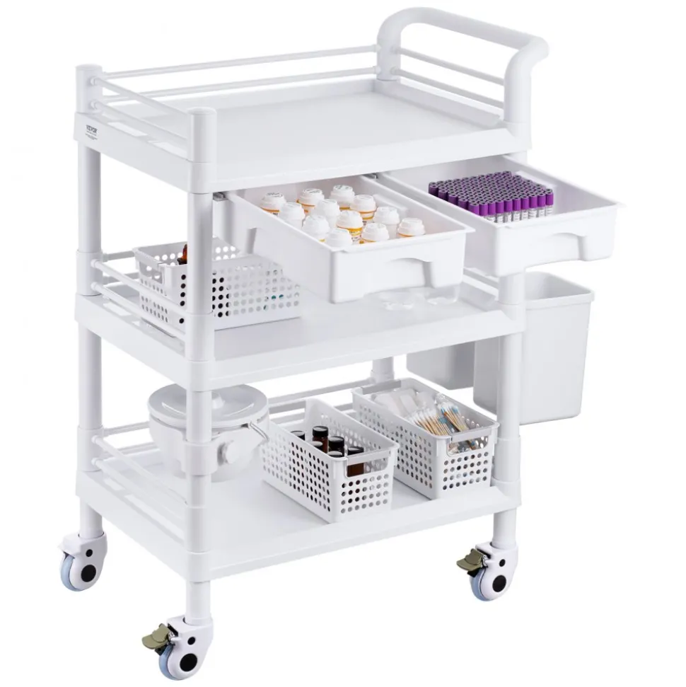 VEVOR 3 Tiers Lab Carts, Lab Utility Cart with 3 Trays & 4 Silent Wheels, Mobile Medical Cart with PP Material, Lab Rolling Cart with 3 Trash Cans for Lab, Clinic, Hospital, Salon, White