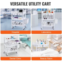 VEVOR 3 Tiers Lab Carts, Lab Utility Cart with 3 Trays & 4 Silent Wheels, Mobile Medical Cart with PP Material, Lab Rolling Cart with 3 Trash Cans for Lab, Clinic, Hospital, Salon, White