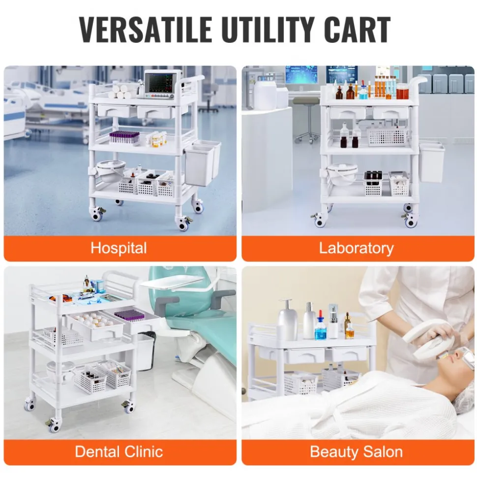 VEVOR 3 Tiers Lab Carts, Lab Utility Cart with 3 Trays & 4 Silent Wheels, Mobile Medical Cart with PP Material, Lab Rolling Cart with 3 Trash Cans for Lab, Clinic, Hospital, Salon, White