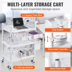 VEVOR 3 Tiers Lab Carts, Lab Utility Cart with 3 Trays & 4 Silent Wheels, Mobile Medical Cart with PP Material, Lab Rolling Cart with 3 Trash Cans for Lab, Clinic, Hospital, Salon, White