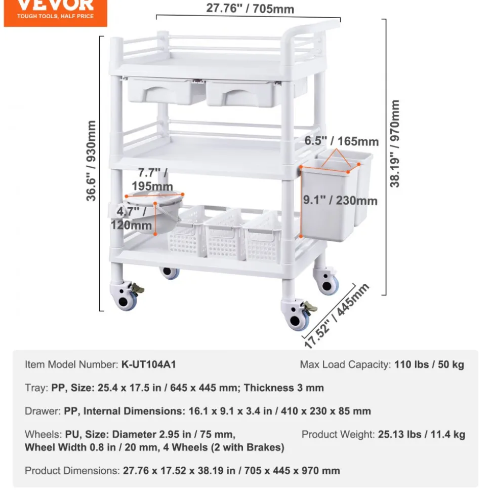 VEVOR 3 Tiers Lab Carts, Lab Utility Cart with 3 Trays & 4 Silent Wheels, Mobile Medical Cart with PP Material, Lab Rolling Cart with 3 Trash Cans for Lab, Clinic, Hospital, Salon, White