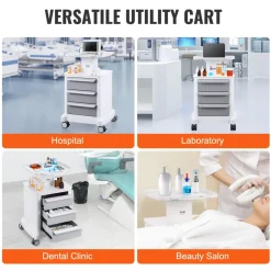 VEVOR 4 Tiers Lab Carts, Lab Utility Cart with 3 Drawers & 1 Top Tray, Mobile Medical Cart with ABS Material, Lab Rolling Cart with 4 Silent Wheels for Lab, Clinic, Hospital, Salon, White
