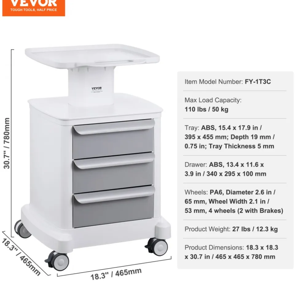 VEVOR 4 Tiers Lab Carts, Lab Utility Cart with 3 Drawers & 1 Top Tray, Mobile Medical Cart with ABS Material, Lab Rolling Cart with 4 Silent Wheels for Lab, Clinic, Hospital, Salon, White
