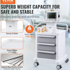 VEVOR 4 Tiers Lab Carts, Lab Utility Cart with 3 Drawers & 1 Top Tray, Mobile Medical Cart with ABS Material, Lab Rolling Cart with 4 Silent Wheels for Lab, Clinic, Hospital, Salon, White