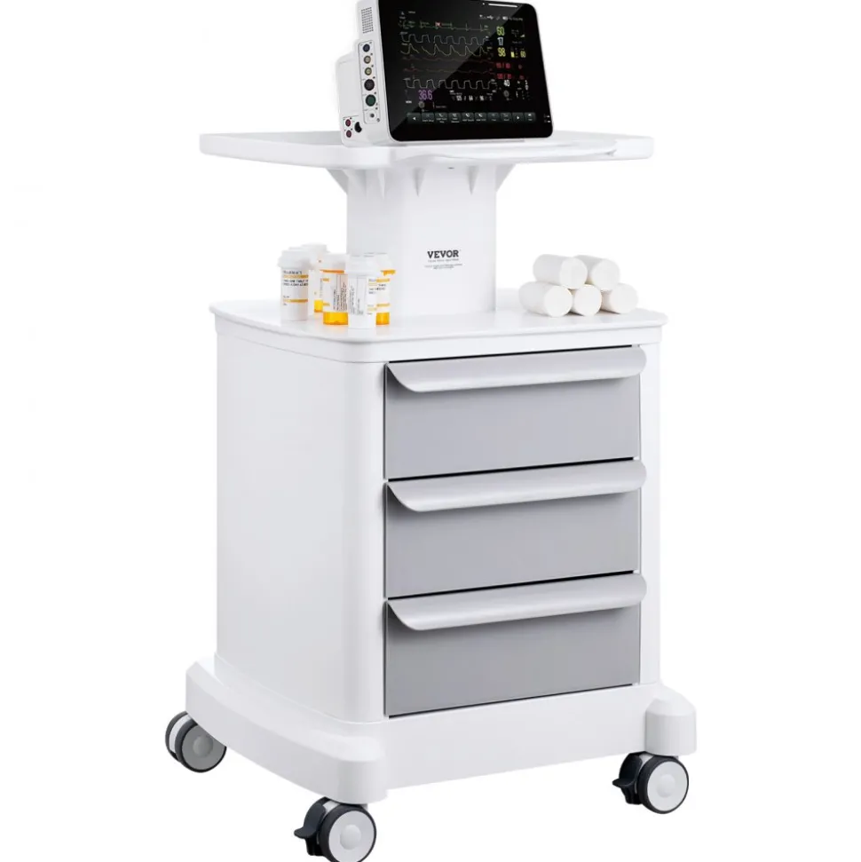 VEVOR 4 Tiers Lab Carts, Lab Utility Cart with 3 Drawers & 1 Top Tray, Mobile Medical Cart with ABS Material, Lab Rolling Cart with 4 Silent Wheels for Lab, Clinic, Hospital, Salon, White