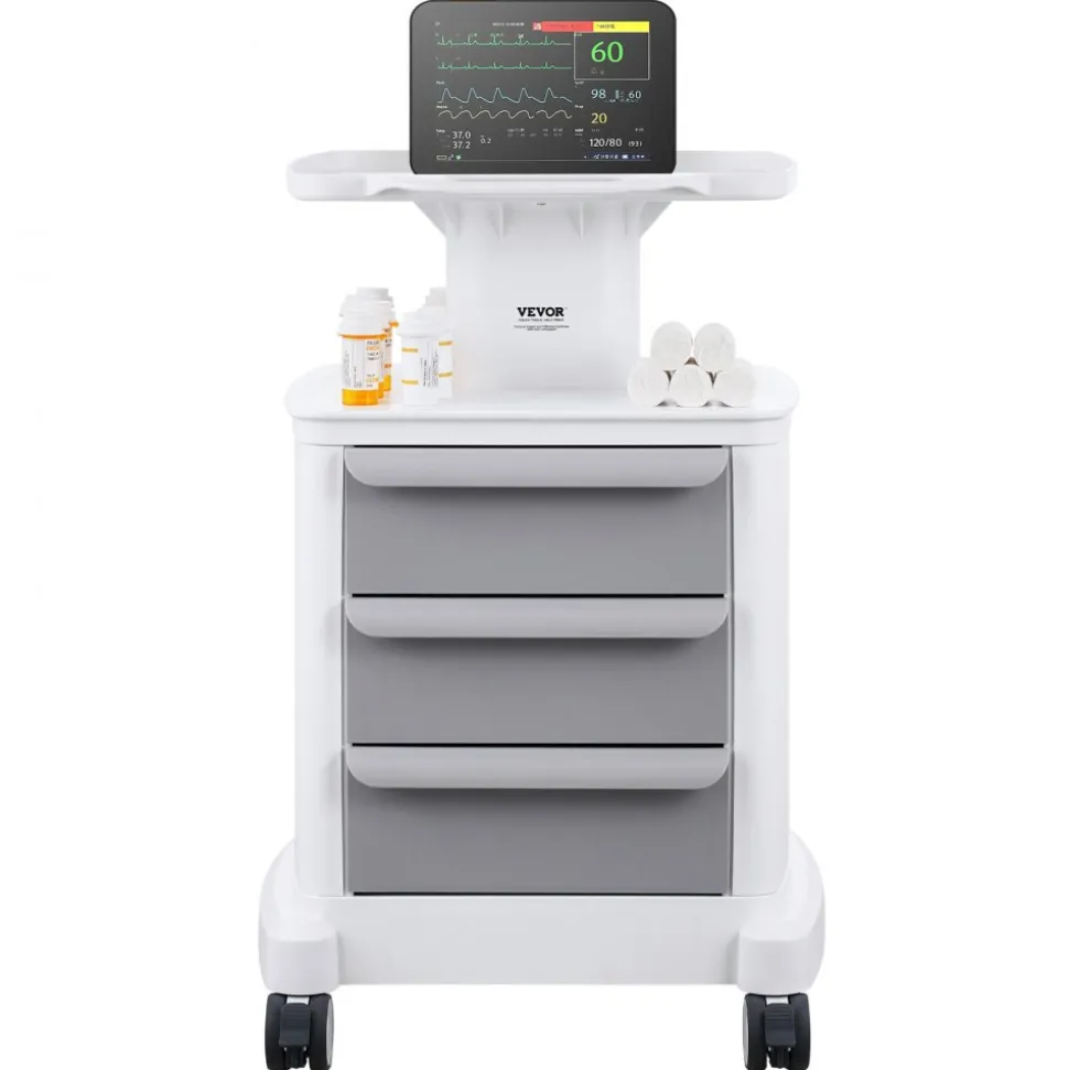 VEVOR 4 Tiers Lab Carts, Lab Utility Cart with 3 Drawers & 1 Top Tray, Mobile Medical Cart with ABS Material, Lab Rolling Cart with 4 Silent Wheels for Lab, Clinic, Hospital, Salon, White