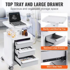 VEVOR 4 Tiers Lab Carts, Lab Utility Cart with 3 Drawers & 1 Top Tray, Mobile Medical Cart with ABS Material, Lab Rolling Cart with 4 Silent Wheels for Lab, Clinic, Hospital, Salon, White