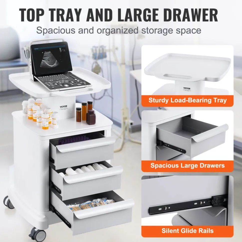 VEVOR 4 Tiers Lab Carts, Lab Utility Cart with 3 Drawers & 1 Top Tray, Mobile Medical Cart with ABS Material, Lab Rolling Cart with 4 Silent Wheels for Lab, Clinic, Hospital, Salon, White