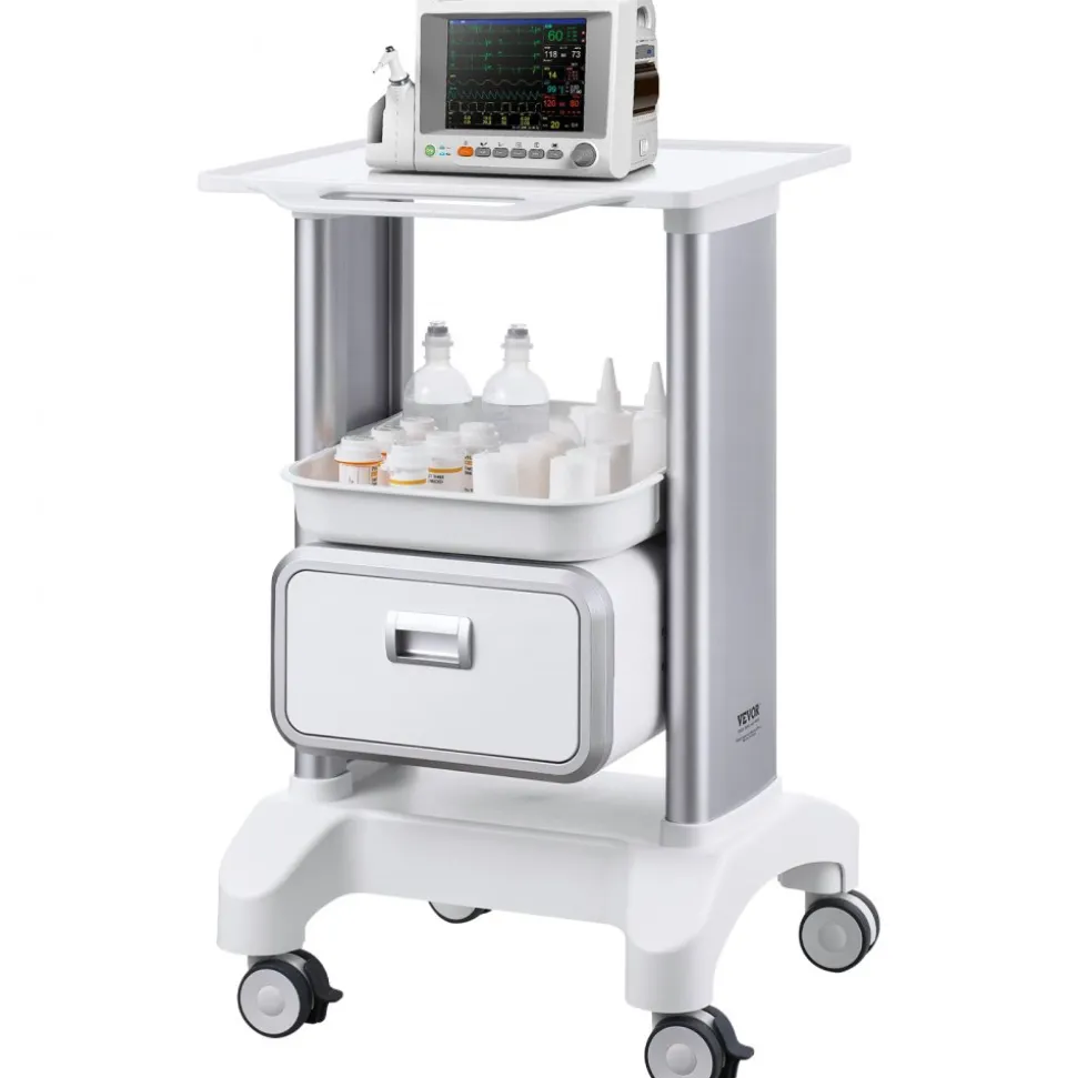 VEVOR 2 Tiers Lab Carts, Lab Utility Cart with 1 Drawer & 1 Top Tray, Mobile Medical Cart with ABS Material, Lab Rolling Cart with 4 Silent Wheels for Lab, Clinic, Hospital, Salon, White