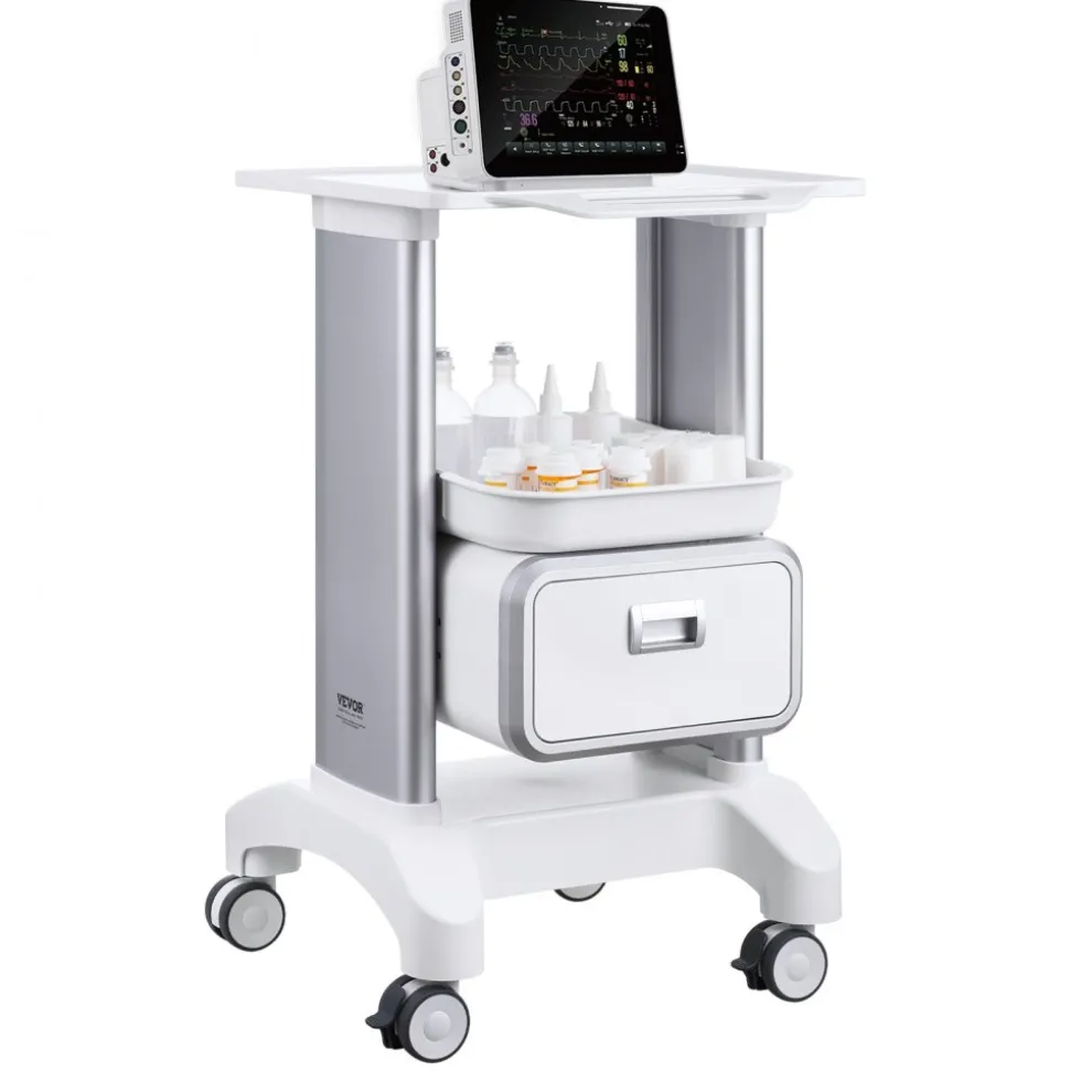 VEVOR 2 Tiers Lab Carts, Lab Utility Cart with 1 Drawer & 1 Top Tray, Mobile Medical Cart with ABS Material, Lab Rolling Cart with 4 Silent Wheels for Lab, Clinic, Hospital, Salon, White