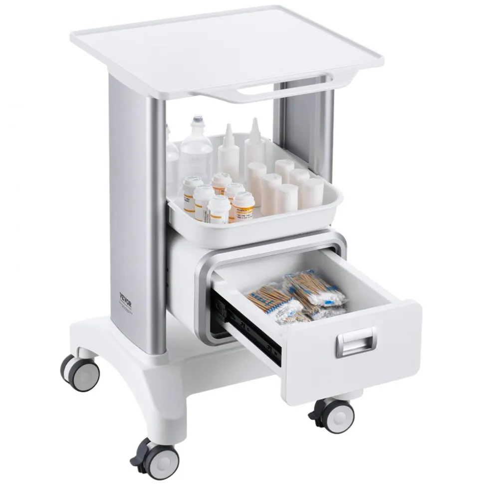 VEVOR 2 Tiers Lab Carts, Lab Utility Cart with 1 Drawer & 1 Top Tray, Mobile Medical Cart with ABS Material, Lab Rolling Cart with 4 Silent Wheels for Lab, Clinic, Hospital, Salon, White